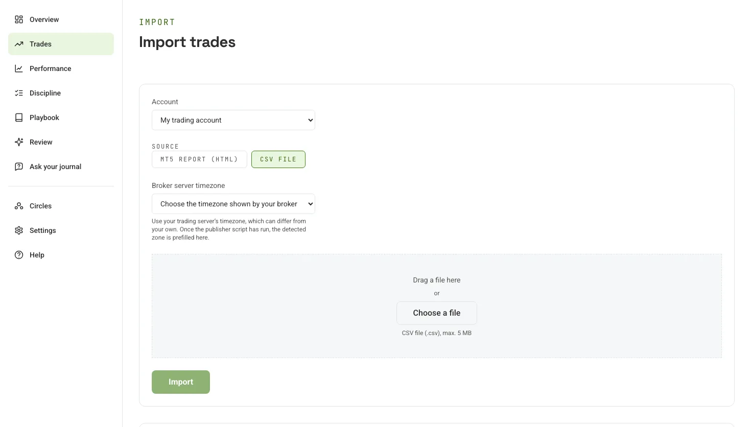 The import page with the account picker, CSV file chosen as the source, the broker server timezone and an area to upload the file.